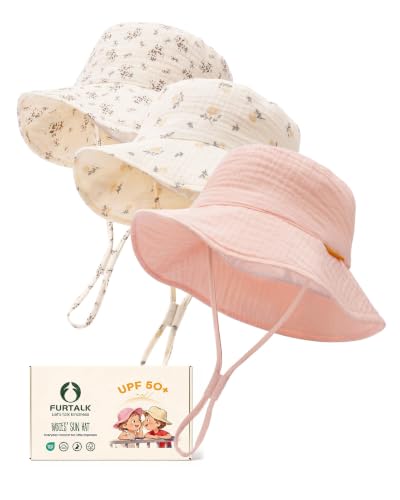 FURTALK Baby Sun Hat Muslin Cotton Toddler Bucket Hat for Girls Boys Wide Brim UPF 50+ Summer Beach Hats Pink