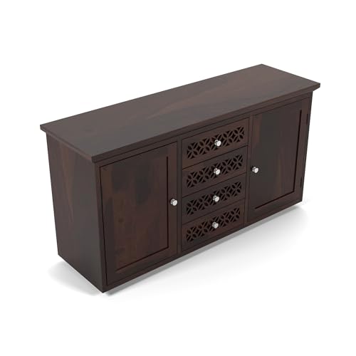 Image of Solid Sheesham Wood Wooden Sideboard Storage Cabinet : Ideal for Living Room and Bedroom with 4 Drawers and 2-Shelf Storage (Cambrey, Walnut Finish)