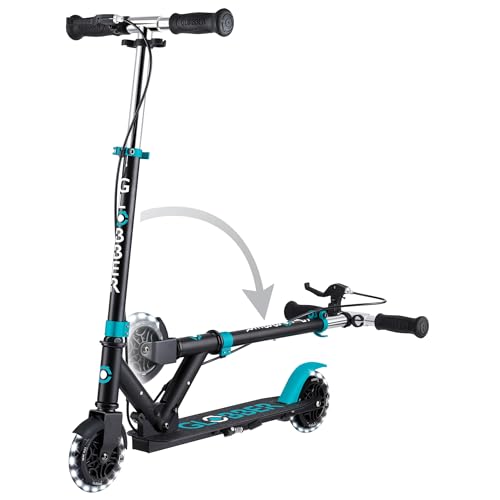 Globber Flow Element Junior Lights - Faltbarer Tretroller mit 2 R&auml;dern mit Hinterradbremse, verstellbarem Lenker und LED-Lichtern, f&uuml;r Kinder ab 4 Jahren - T&uuml;rkis