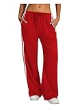 BEAUDRM Women's Y2K Baggy Sweatpants Wide Leg Track Pants Striped Low Rise Drawstring Pant Joggers Streetwear Red Medium