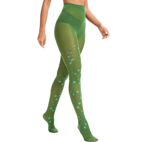 PQJSJDR Women's Sexy Green Leaf Tights Female Villain Halloween Costume Accessories leaves Leggings 100D Poison Vine Tights Stockings High Waist 90-160lb
