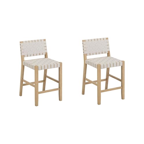 Image of Nathan James Cohen Mid Century Modern Bar Stool, Upholstered Faux Leather Counter Stool with Back and Solid Wood Legs, White, Set of 2