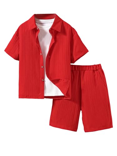 Boy's 2 Piece Beach Vacation Textured Linen Outfit Short Sleeve Button Down Shirt Top and Shorts Summer Set
