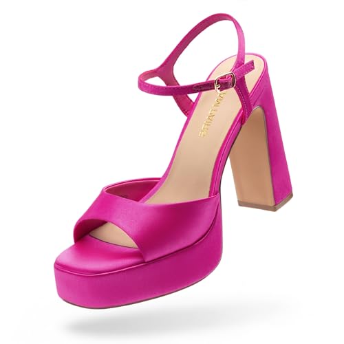 DREAM PAIRS Platform Heels for Women Square Toe Chunky High Heels Ankle Strap Sandals for Wedding Party Formal Event Size 7.5 Hot Pink SDHS25005W