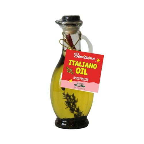 Benissimo Italiano Infused Oil, Cruet 8.45 Fl Oz Bottle, Herbaceous Mediterranean Inspired Infused Oil with Sun Dried Tomatoes, Herbs, and Chile de Arbol for Cooking and Finishing