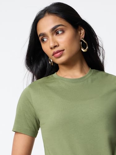 Image of The Souled Store Casual Classics: Women and Girls Short Sleeves Spread Collar Solid Cotton Regular Fit Breathable Lightweight Trendy Everyday T-Shirt