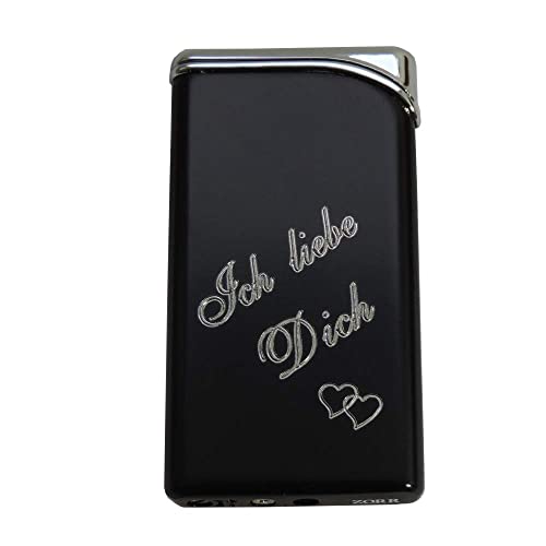 Schwarzes Crackle Laser Sturmfeuerzeug Mit Gravur - Ich Liebe Dich + Name/Datum, Inkl. Rotem Stoffbeutel