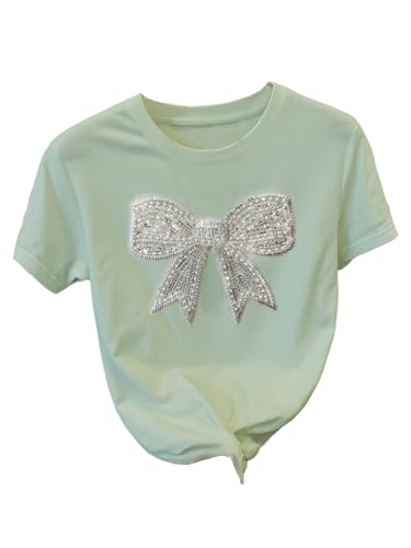 Image of RoseSeek Women's Rhinestone Sequin Bowknot Graphic Tees Short Sleeve Crewneck Summer Tops Going Out T Shirt
