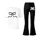 Girls 2 Piece Outfits Long Sleeve Crew Neck Bow T-Shirt Top And Flare Pants Sets Casual Fashion Pullover Athletic Gym Set Black,13-14 Years