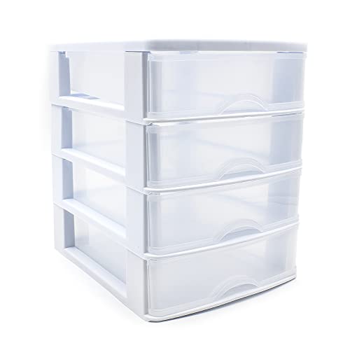 CABLEPELADO Torre de Almacenamiento con 4 cajones, Cajonera de plástico, Torre de almacenaje, Organizador de escritorio, 23 cm alto x 17.5 cm ancho x 21.5 cm fondo, Apto para escritorio, Blanco