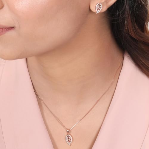 Image of ZAVYA 925 Sterling Silver Cubic Zirconia Rose Gold Plated Women's Leaf Jewelry Set | Gift for Women and Girls | With Certificate of Authenticity and 925 Hallmark