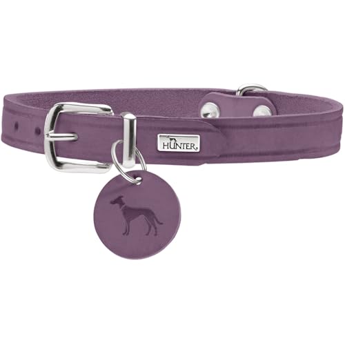 HUNTER Collare per cani Aalborg, colore lilla, pelle robusta e resistente, forte grasso, ideale per sport e tutti i giorni, con ciondolo in pelle, made in Germany, taglia 32
