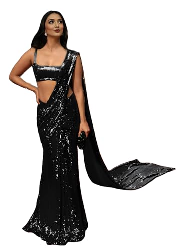 Image of Women's And Girl's Heavy Sequins Work Georgette Saree with Blouse (Wedding-Sequins-Party-Saree)