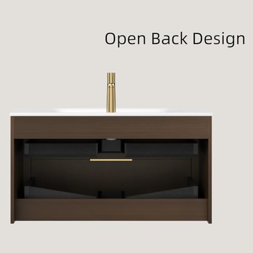 Image of 36 inch Wall-Mounted Bathroom Vanity Cabinet with Sink, Walnut | Integrated Basin Sink, Carrara White Sintered Stone Basin, 2 Soft-Close Full-extension Drawers, Golden Handles, Pre-assembled