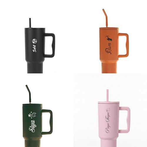 Image of Personalised 1200ml Insulated Stainless Steel Tumbler with Handle and Straw Lid - Large Travel Mug for Coffee & Water, Double Wall Vacuum Cup, Car Cupholder Friendly (Forest Green)