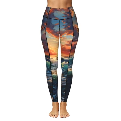 Leggings deportivos de compresión con diseño de atardecer oceánico lavable y duradero 2