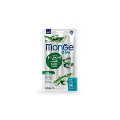 Monge Snack Cane Gift Stick, snack per cani di tutte le etá,gusto Salmone con Aloe,senza cereali,favorisce il benessere del manto | 3 bustine da 135 grammi l’una.