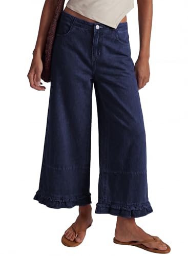 EVALESS Womens Wide Leg Jeans 2026 Trendy Mid-Rise Cropped Baggy Jeans Loose Fit Cute Ruffle Hem Trouser Denim Pants with Pockets Dirty Blue Size 8