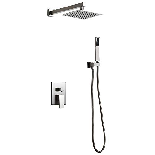 Homary Luxury Wall Mounted Brushed Nickel 8" Shower Set Rainfall High Pressure Shower Head Handheld Spray Square Shower Combo Set with Pressure Balance Rough-in Valve and Trims, Solid Brass