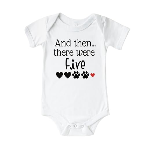 Image of Then there were Five Dog Baby Announcement Onesie | Surprise Pregnancy Announcement to Family | Baby reveal Onesie WHITE