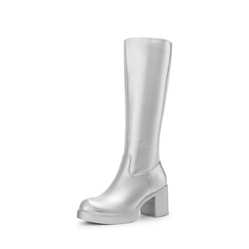 DREAM PAIRS Women's Knee High Boots Chunky Platform Heel Round Toe Boots for Women Side Zipper Stylish Comfortable Tall Boots,Size 8.5,Silver,DWUMKB2516