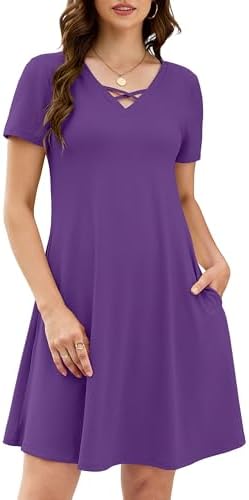 KORSIS Women's Midi Dresses Summer Casual T-Shirt Short Sleeve Criss Cross V Neck Swing Soft Loose Beach Party Vacation midi Dress with Pockets — Purple
