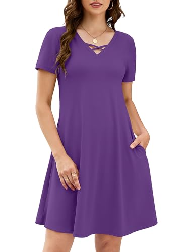 Image of KORSIS Women's Dresses Summer Casual T-Shirt Short Sleeve Criss Cross V Neck Swing Beach Vacation Sundress Dress with Pockets