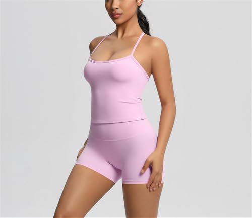Ensemble d entraînement haut de gamme short de yoga taille haute et débardeur dos nu rose L