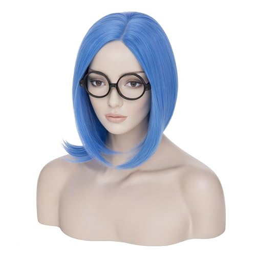 Image of S-noilite Blue Sadness Costume Wig with Glasses Short Blue Bob Wigs Synthetic Hair for Women Halloween Anime Cosplay Party