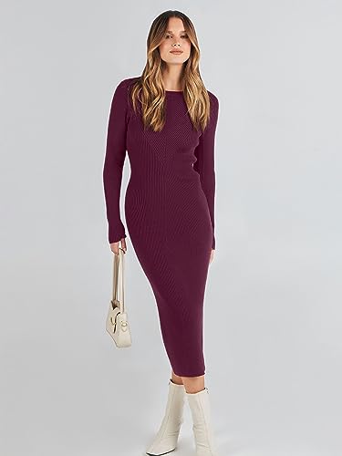 Image of ANRABESS Women Long Sleeve Sweater Dress Crewneck Bodycon Stretch Slim Fit Ribbed Knit Midi Dresses 2025 Fall Trendy Outfits Wine Red X-Large
