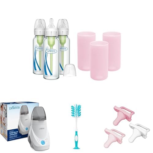 Dr. Brown's Anti-Colic Options+ Narrow Glass Baby Bottles 8oz and Level 1 Nipple, 3-Pack 0m+ and Pink Silicone Sleeves and Deluxe Bottle Warmer/Sterilizer and Bottle Brush and HappyPaci Pacifier