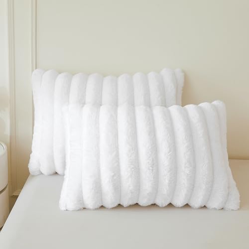 MEGO Pack of 2 Fluffy Faux Rabbit Fur Pillowcases, Soft Striped Plush Fuzzy Bed Pillow Cases with Zipper, Farmhouse Shaggy Furry Ribbed Long Pillow Covers for Kids Teens Adults 20x26, Standard, White