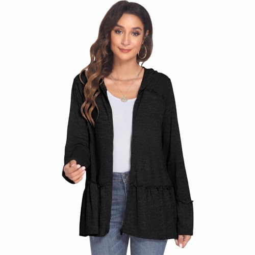 Image of DEESHA Plus Size Zip Up Hoodie for Curvy Women Spring Ruffle Hooded Sweatshirts Jacket Cardigans Lightweight