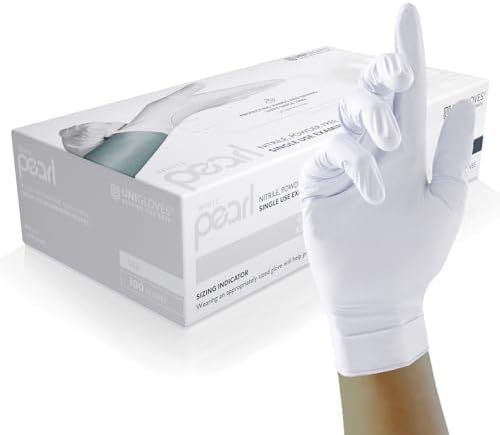 UNIGLOVES White Pearl Nitrile Examination Gloves - Multipurpose, Powder Free and Latex Free Disposable Gloves - Box of 100 Gloves, White, Medium (GP0023)