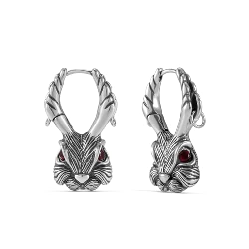 PUNKYOUTH Enchanted Jackalope Hoop Drop Earrings 18G 1mm Piercing Jewelry Polished Rabbit Horn Antler Red CZ Eye Huggie For Women Men Mythical Whimsical Statement Daily Wear Gift Fashion