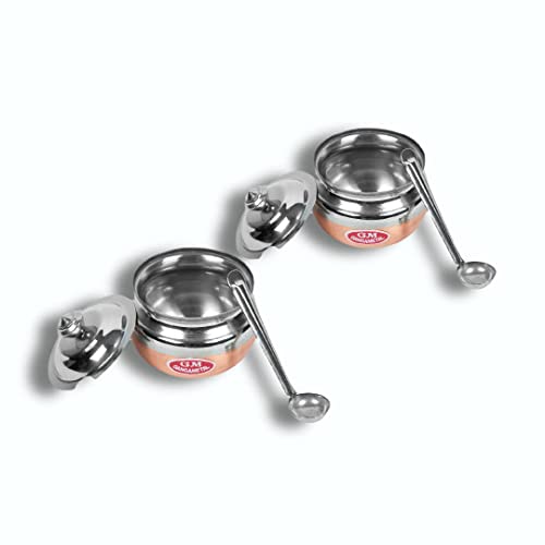 Image of Ghee Container With Spoon Oil Dispenser | Ghee Pot Steel, Ghie Dispenser | Salt Container With Spoon | Steel Oil Pot 300ml Silver Pack of 2 (Pack Of 2, Coper Base)