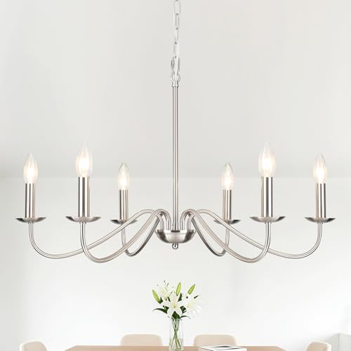6-Light Brushed Nickel Chandelier, Modern Candle Chandelier Light Fixture, 27.5'' Contemporary Dining Room Chandelier fo