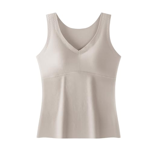 Built in Padded Bra Tank Tops for Women Winter Warm Thermal Shirts Sleeveless Undershirt Tummy Control Shapewear Vest Beige