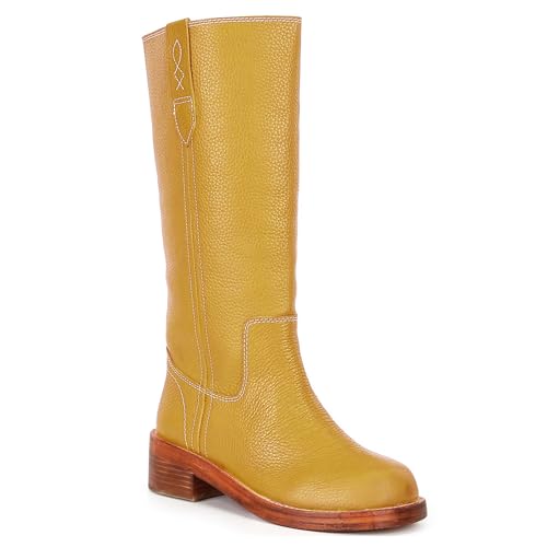 Vintage Knee High Boots for Women Round Toe Mid Calf Boots Pull on Comfortable Casual Chunky Low Heel Long Boots for Winter Fall