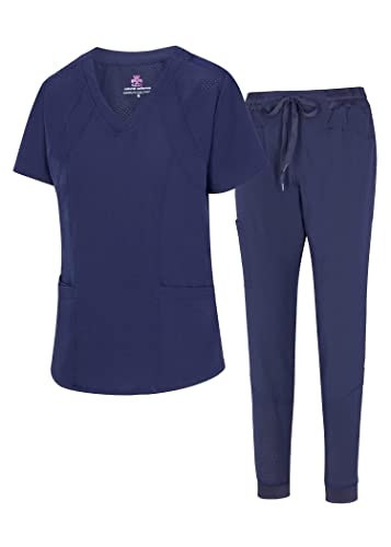 M&M SCRUBS Womens' Cool 4-Way Stretch Jogger Scrub Set (True Navy Blue, Large)