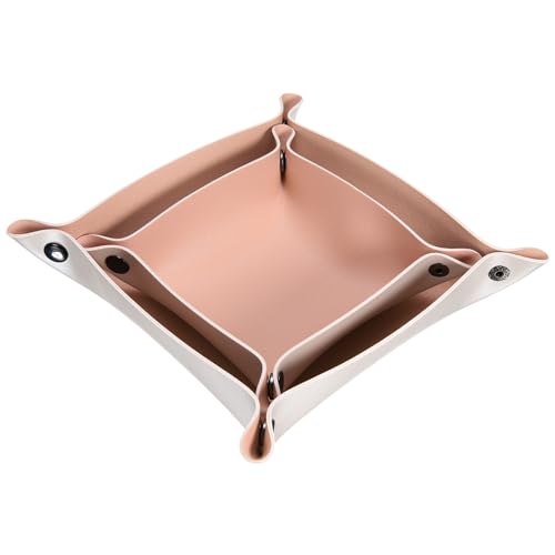 QUARKZMAN 2pcs Bandeja De Valet De Cuero PU Plegable Pequeña Bandeja Organizadora Portátil Para Mesita De Noche Escritorio Para Llaves Billetera Reloj Monedas Joyas Dados, Rosa Plateado