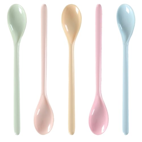 HABNI Lot de 5 Cuillères à Long Manche, Cuillère en Plastique Colorées, Longues Cuillères à œufs, Texture Imitation Céramique