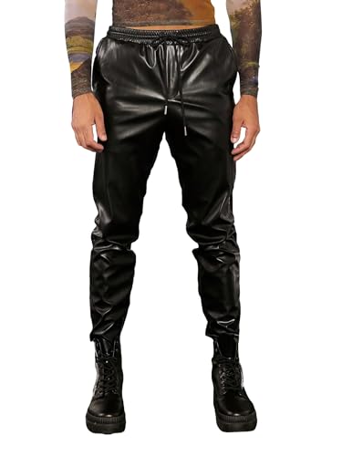 WDIRARA Men's PU Leather Drawstring Waist Tapered Solid Party Club Pants with Pockets