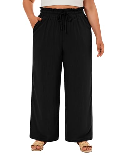 Neer Women's Plus Size Linen Pants High Waist Wide Leg Casual Drawstring Loose Straight Palazzo Pants with Pockets