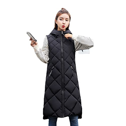 LucaSng Chaquetas Sin Mangas Chalecos Acolchados Medio Largo Chaleco de Plumas Invierno con Capucha Parka Mujer Abrigos Puffer Slim Outwear Plumas Mujer Abrigo Chaquetas (Negro, 2XL)