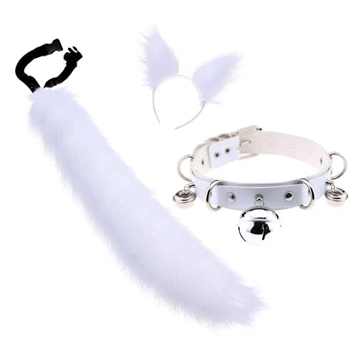 Diadema de orejas de gato de piel sintética Lobo peludo Zorro Traje de cola larga Fiesta de Halloween Gargantilla de cuello Conjunto de cosplay Cover