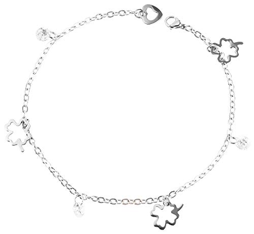 Preisvergleich Produktbild Akzent Edelstahl Fußkette Silber Herz Kleeblatt Liebe Glück 25 cm Fußkettchen