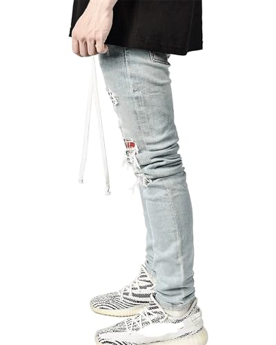 Men's Jeans Slim Fit Mid Waist Straight Leg Ripped Distressed Holes Classic Denim Patches Jean4