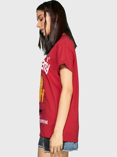 Image of Bewakoof X Official Garfield Merchandise Women's Selective Participation Graphic Printed 100% Cotton T-Shirt - Boyfriend Fit, Round Neck, Half Sleeves, Loose Fit