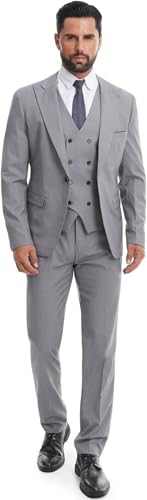 KUDMOL Men's 3 Piece Slim Fit Suit Set One-Button Tuxedo Jacket Vest & Pants for Wedding Prom Business(Light Grey,M)